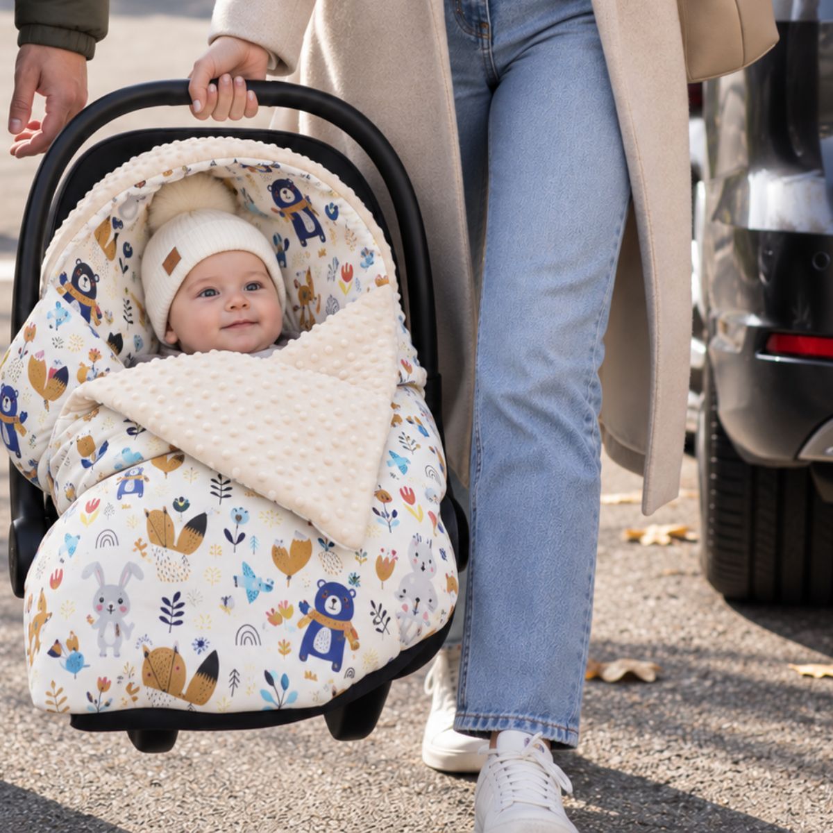 Nid d'ange siège auto motif ours blanc installé dans une coque bébé avec capuche intégrée et pans rabattables