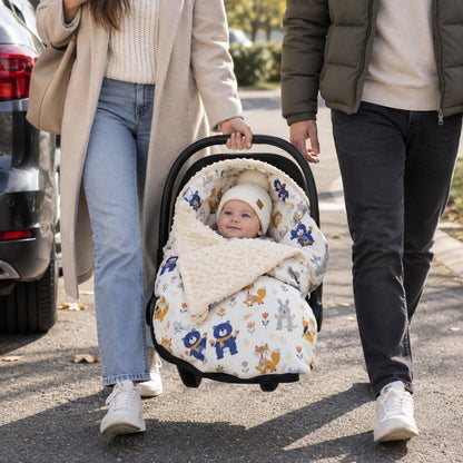 Nid d'ange voiture motif ours blanc installé dans une coque bébé