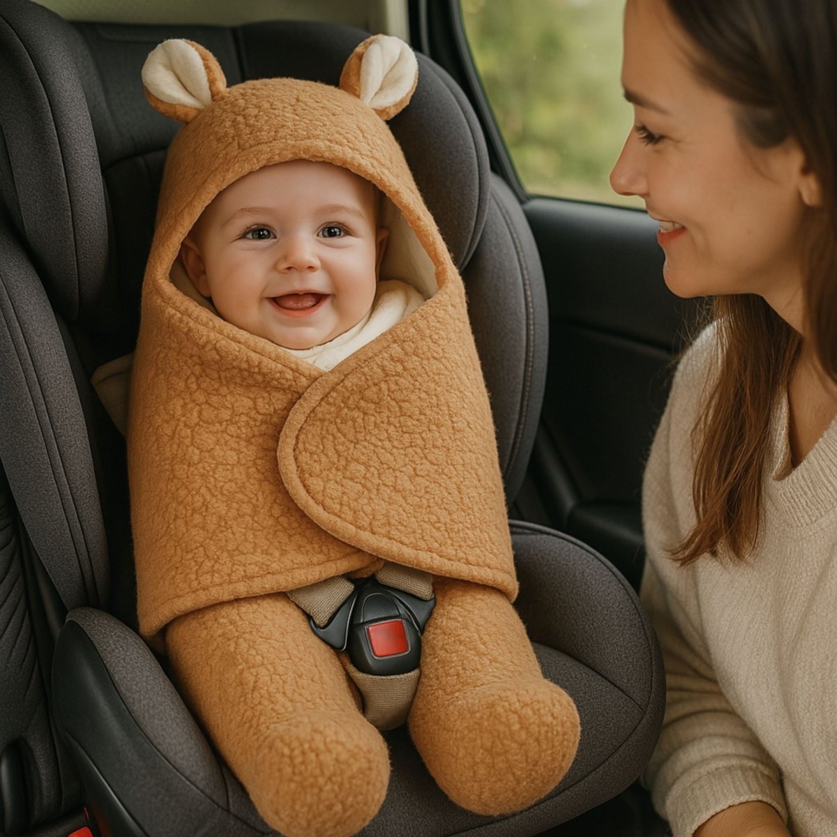 Bébé dans un nid d’ange siege auto marron, bien attaché et souriant sur son siège auto