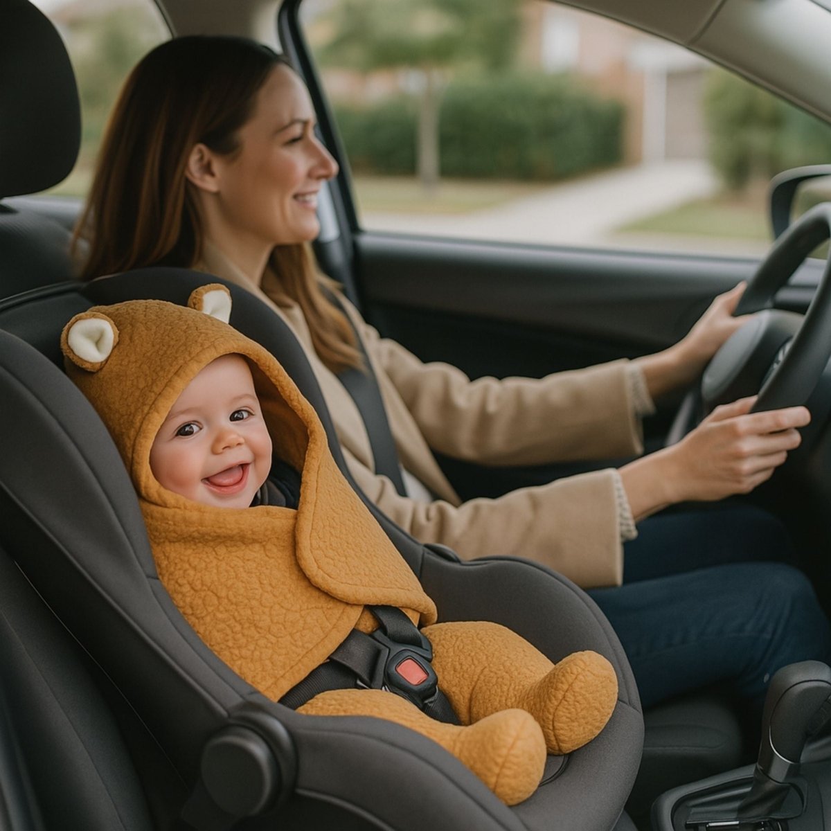 Nid d’ange siege auto marron avec bébé installé dans le véhicule, prêt pour la route