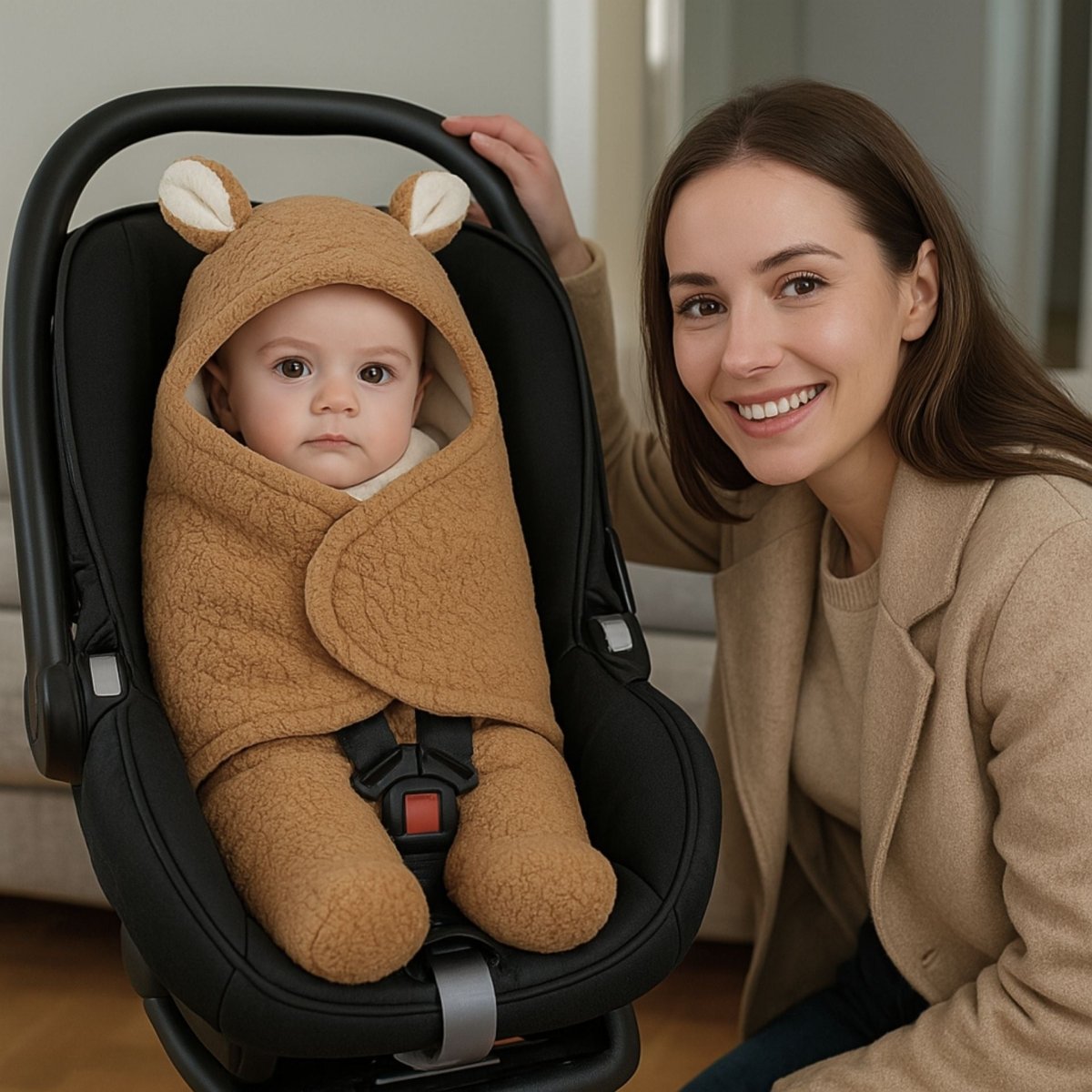 Bébé calme installé dans un nid d’ange siege auto marron, avec maman souriante à côté


