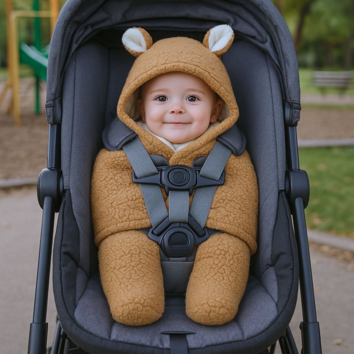 Bébé dans une poussette avec nid d’ange siege auto marron, sangles de harnais bien visibles