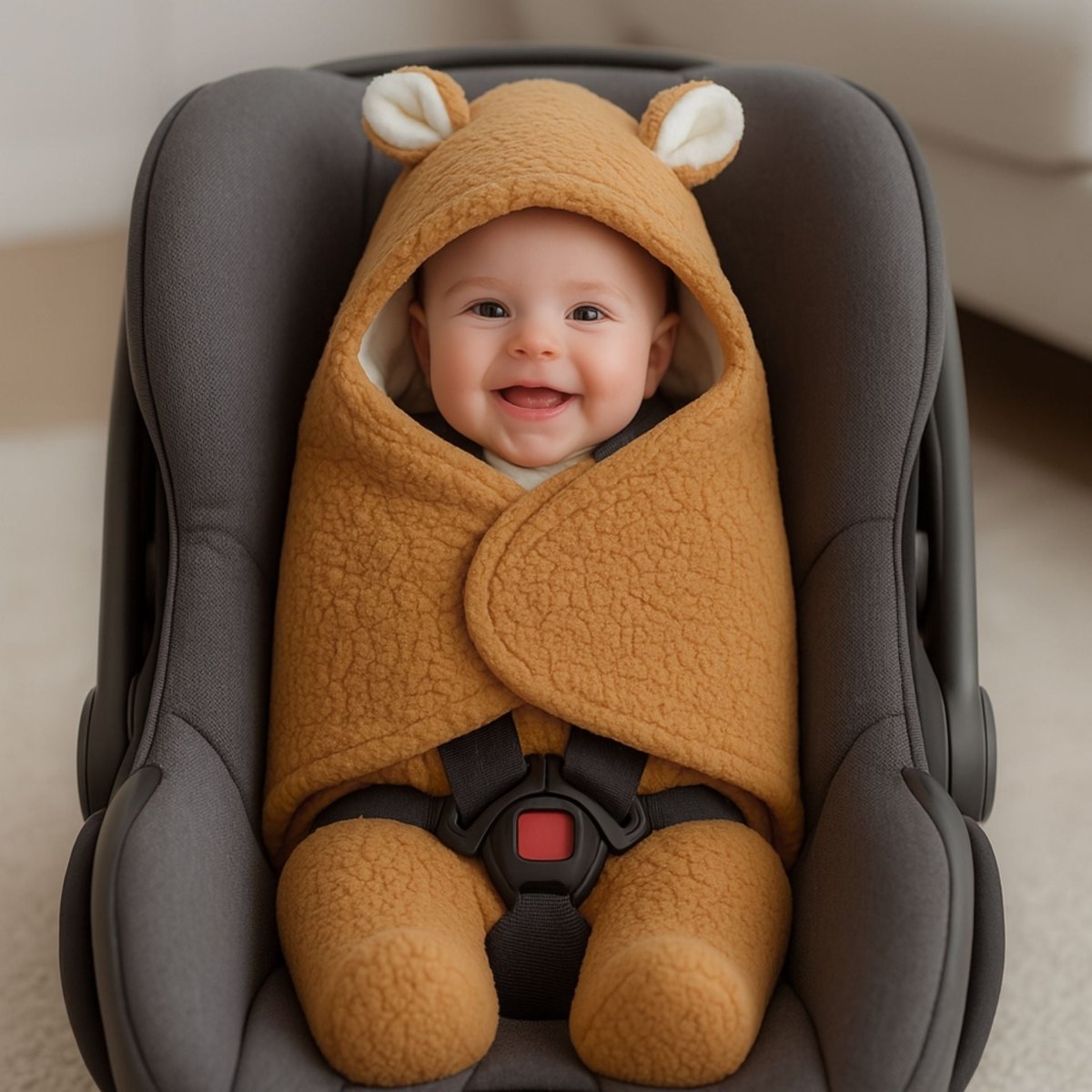 Nid d’ange siege auto marron bien enveloppé sur bébé assis dans son cosy à la maison