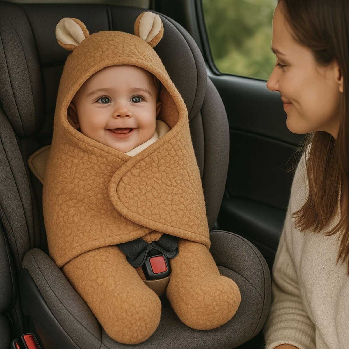 Nid d’ange siege auto marron avec bébé souriant et harnais bien ajusté pendant le trajet