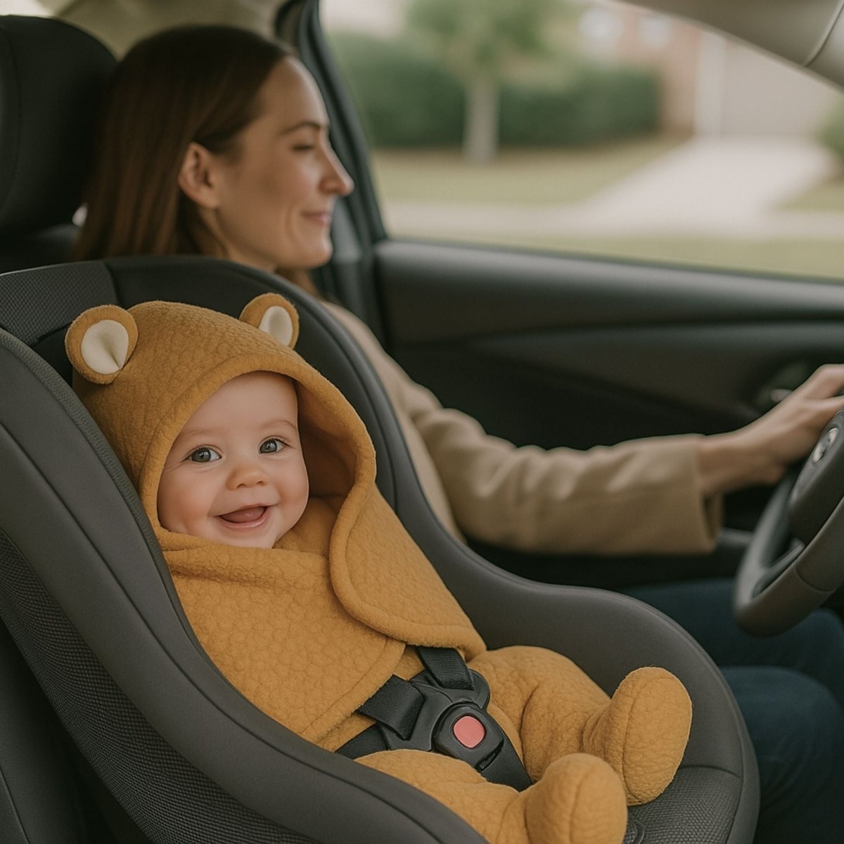 Nid d’ange siege auto marron avec harnais fermé, bébé souriant pendant un trajet en voiture
