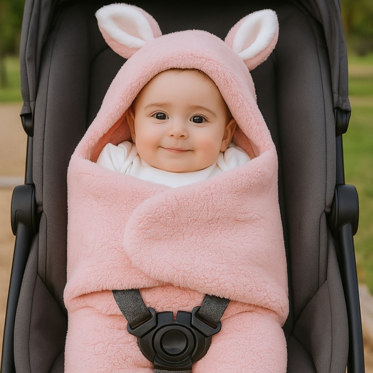 bébé emmitouflé dans un nid d’ange siege auto rose à capuche oreilles