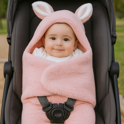 bébé emmitouflé dans un nid d’ange siege auto rose à capuche oreilles
