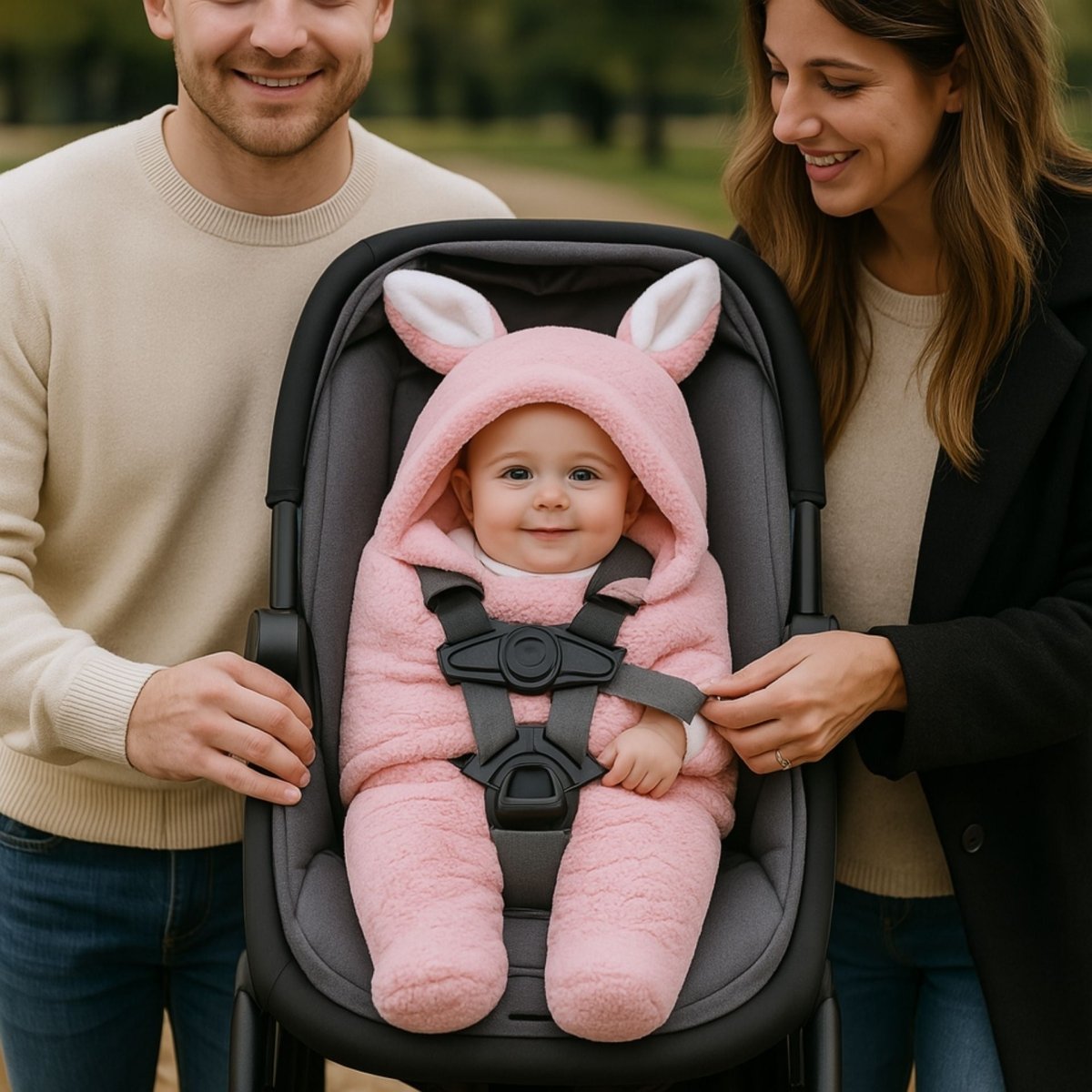 nid d’ange siege auto rose en promenade avec harnais sécurisé
