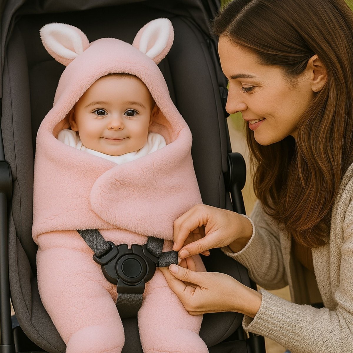 installation d’un nid d’ange siege auto par une maman, tissu polaire rose