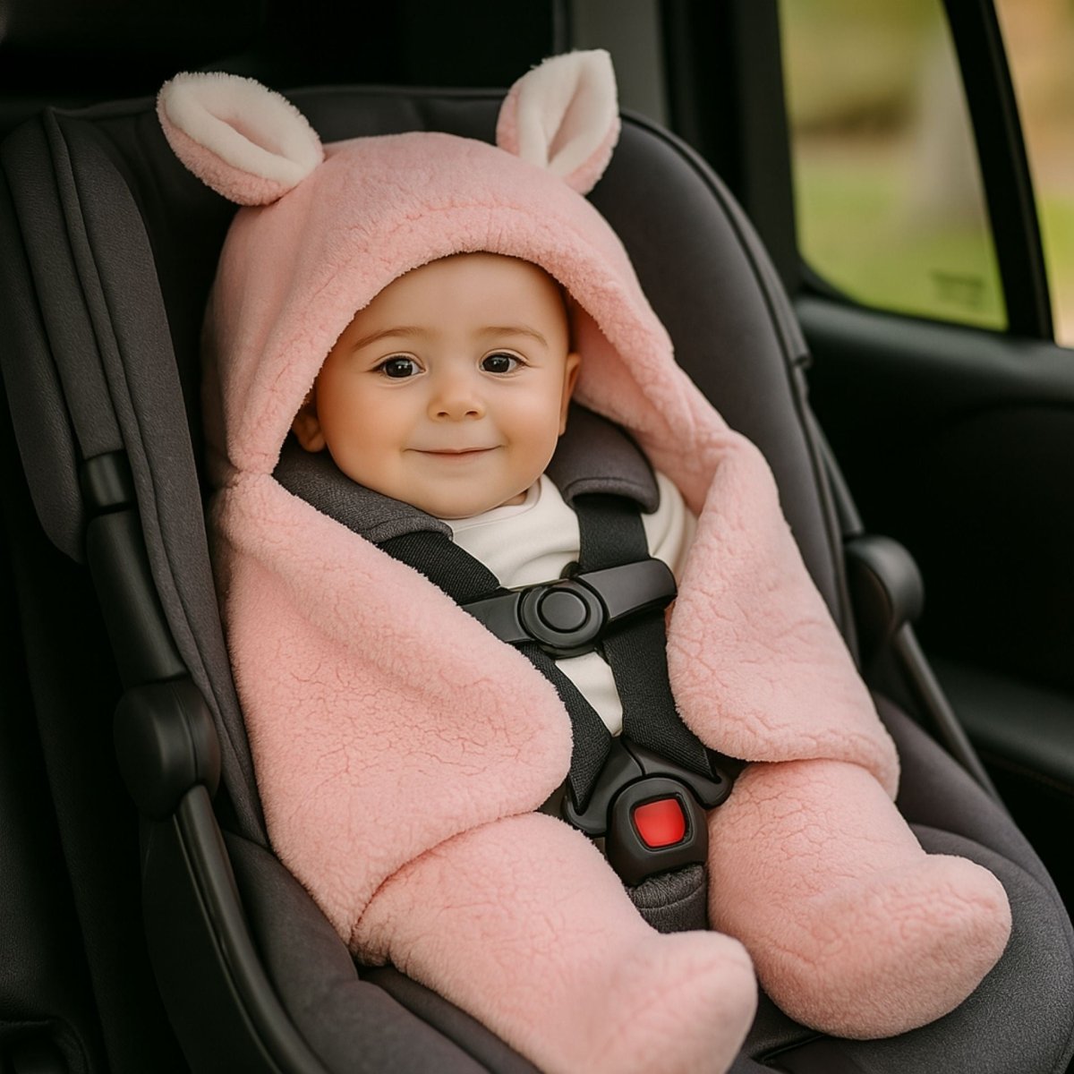 nid d’ange siege auto rose doux dans siège auto noir, bébé souriant