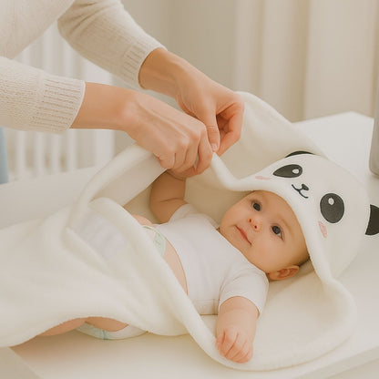 Bébé allongé dans un nid d ange blanc avec capuche panda douce et oreilles noires