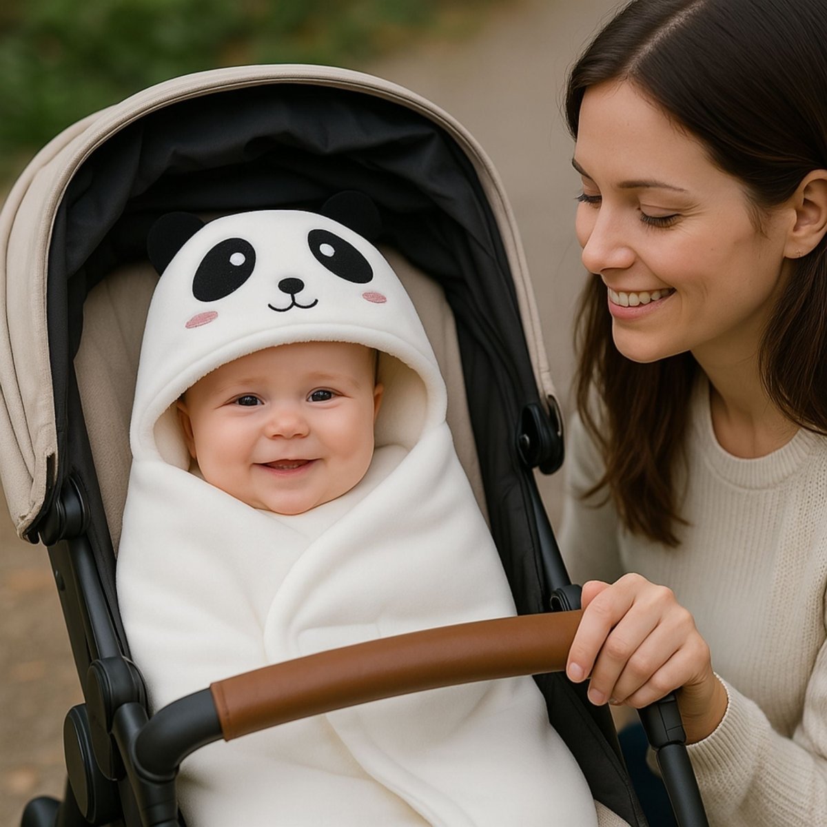 Nid d ange à motif panda porté en poussette avec bébé et maman souriante