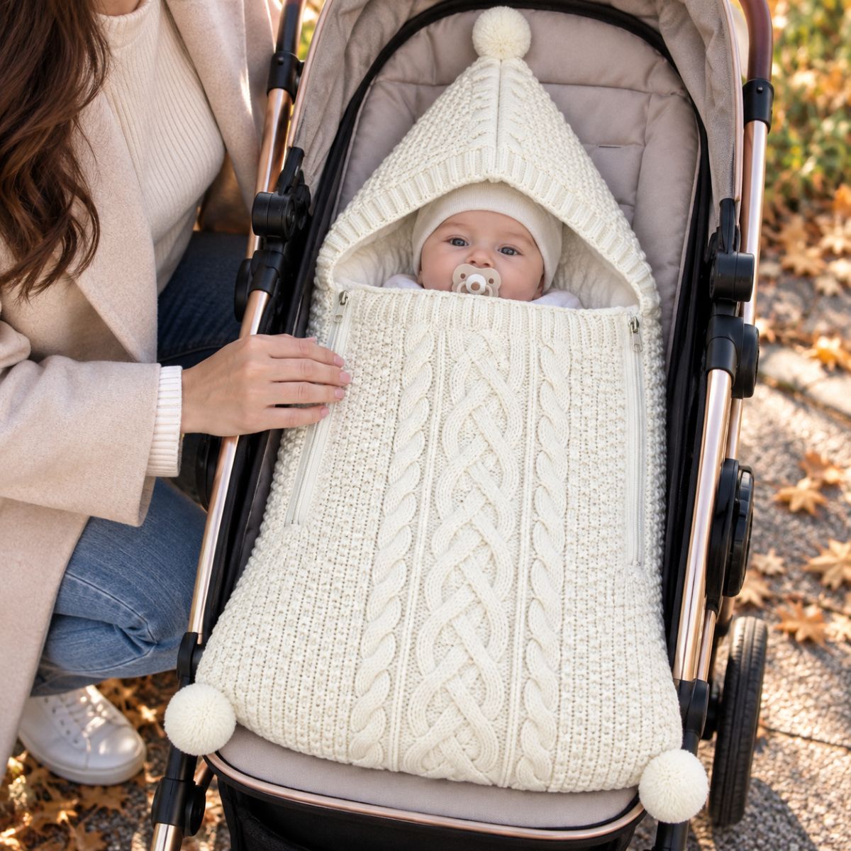 Vue de face du nid d'ange tricot blanc avec deux zips latéraux et capuche à pompon