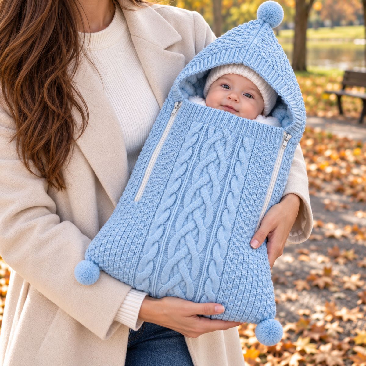 Vue de face du nid d'ange tricot bleu avec panneau avant en maille torsadée et capuche à pompon