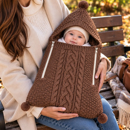 Nid d'ange tricot café avec capuche à pompon et panneau avant en maille torsadée