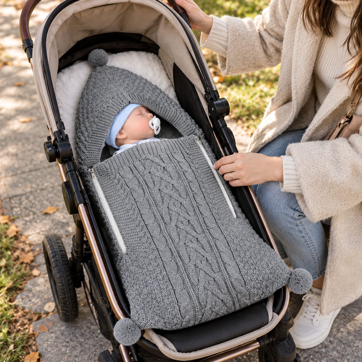 Nid d'ange tricot gris avec deux zips latéraux et panneau avant