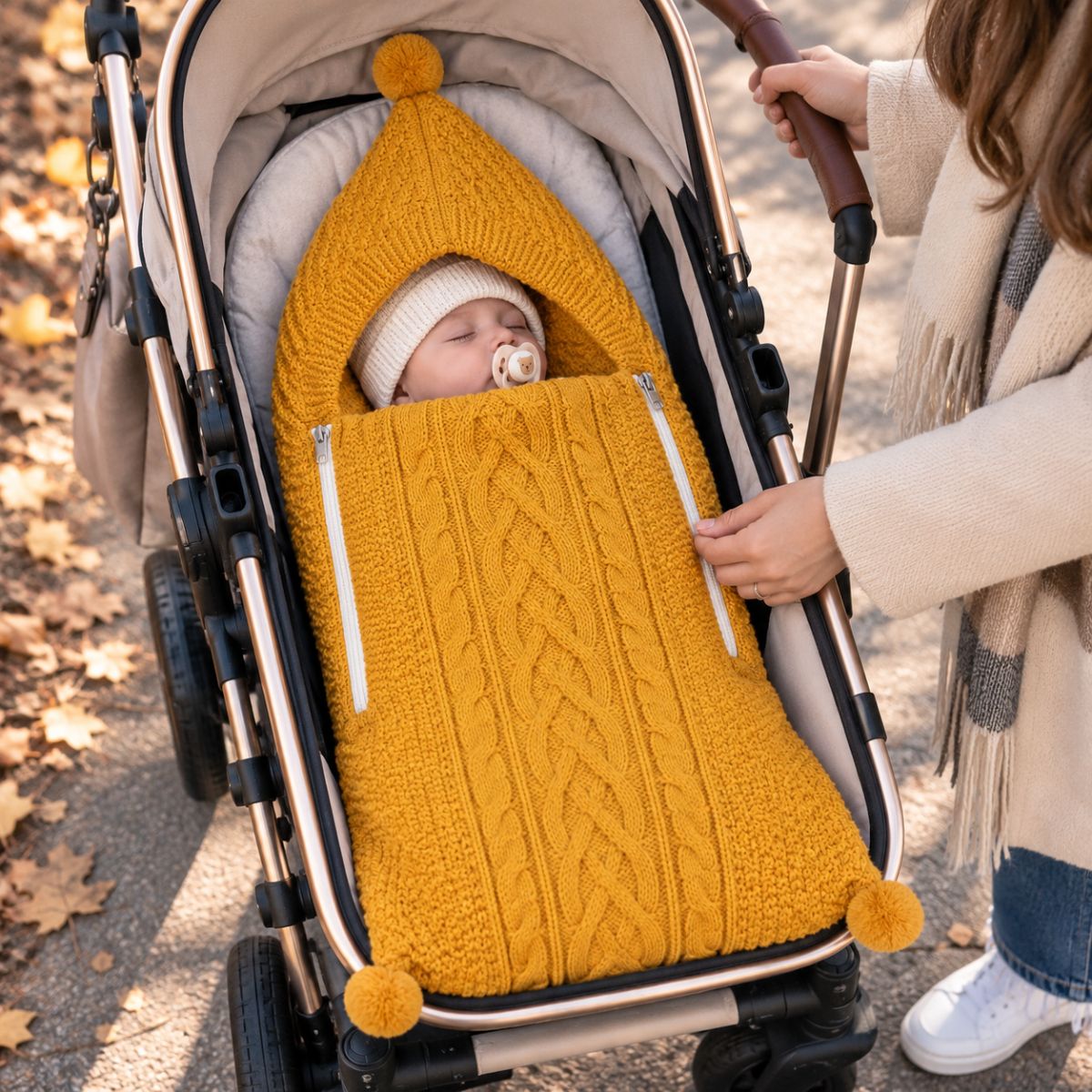 Nid d'ange tricot jaune avec maille torsadée, capuche à pompon et deux zips latéraux