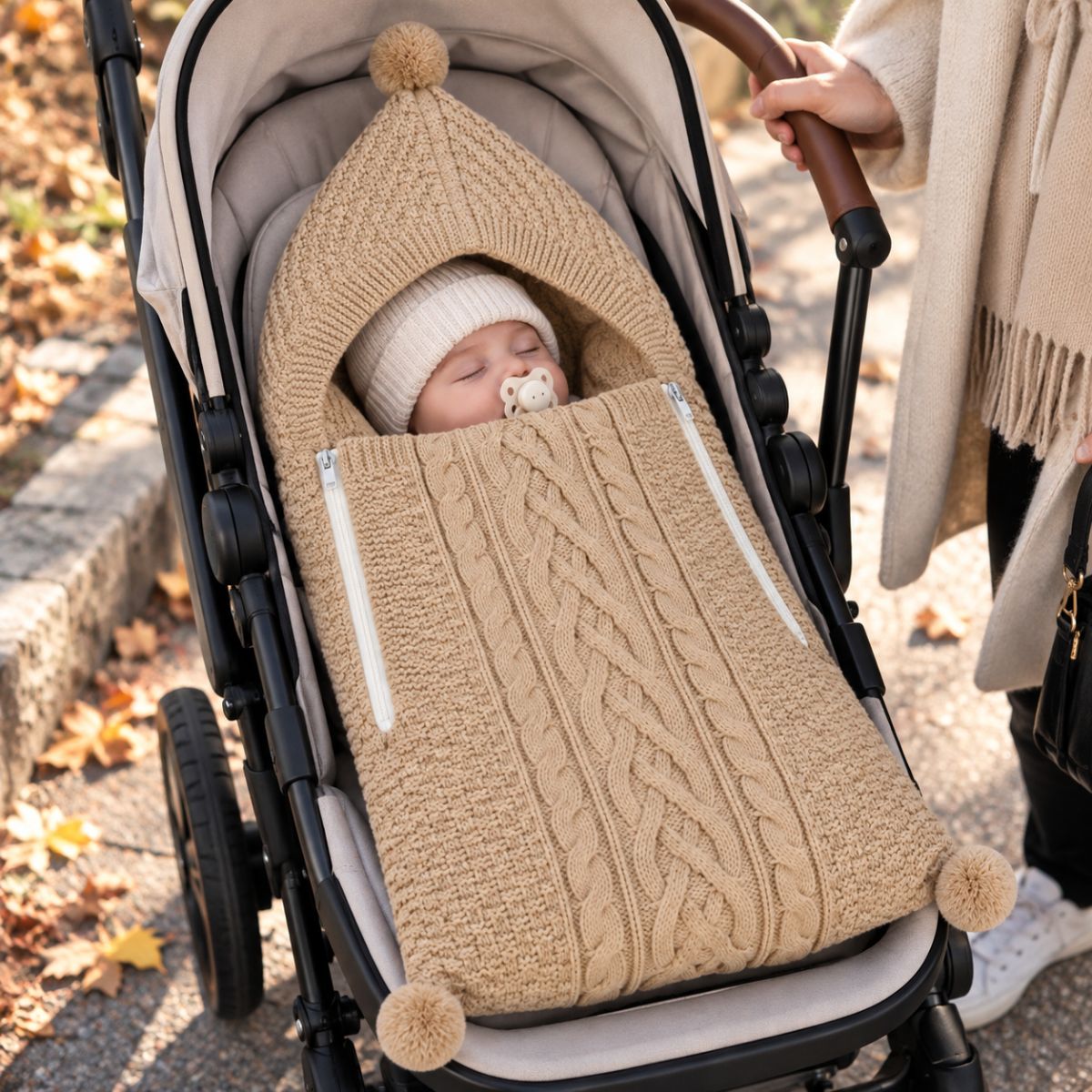 Nid d'ange tricot kaki avec maille torsadée, capuche à pompon et deux zips latéraux