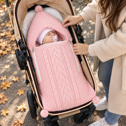 Nid d'ange tricot rose avec maille torsadée, capuche à pompon et deux zips latéraux