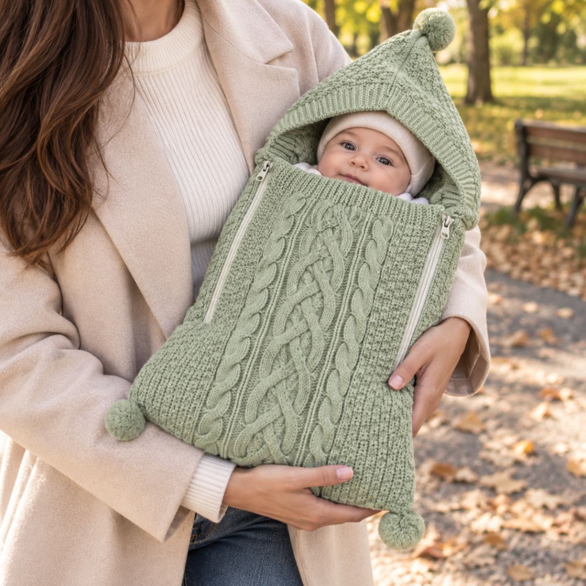 Nid d'ange tricot vert avec capuche à pompon et panneau avant à maille torsadée