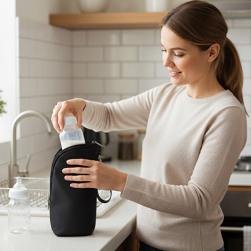 Pochette imprimée pour biberon noire avec mise en place du biberon par une femme
