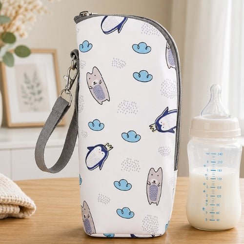 Pochette imprimée pour biberon motif pingouins avec sangle amovible et fermeture zip