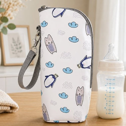 Pochette imprimée pour biberon motif pingouins avec sangle amovible et fermeture zip