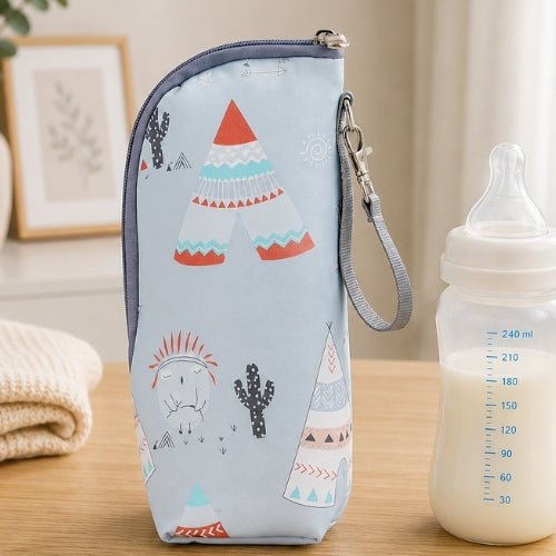 Pochette imprimée pour biberon motif tipis avec sangle amovible et fermeture zip