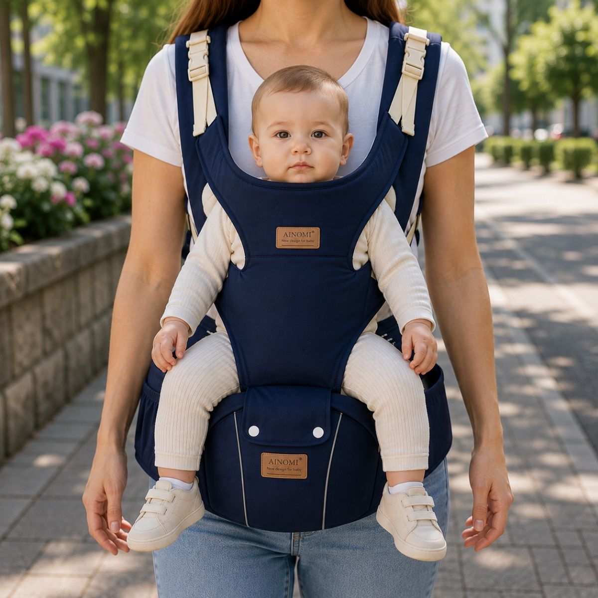 Porte-bébé 3 en 1 bleu avec siège de hanche et partie à bretelles, porté face vers l’avant dans un parc
