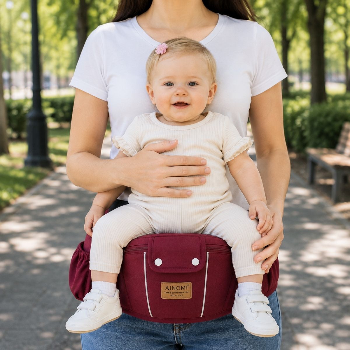 Porte-bébé 3 en 1 bordeaux avec siège de hanche utilisé seul, porté à la taille dans un parc