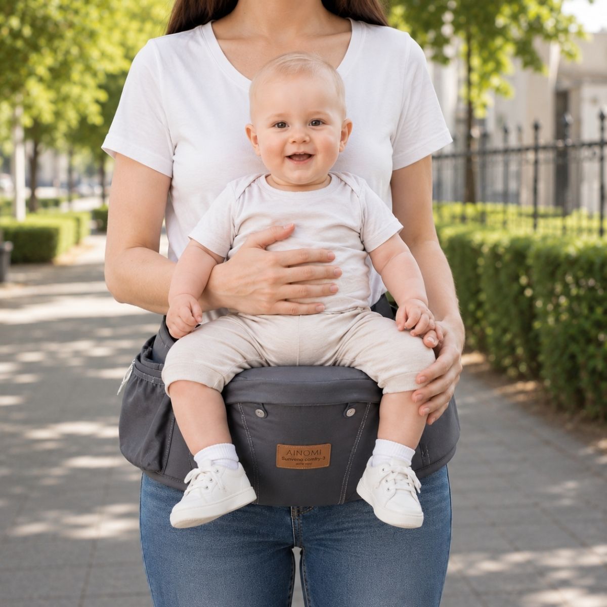 Porte-bébé 3 en 1 gris foncé avec siège de hanche utilisé seul, porté à la taille en extérieur