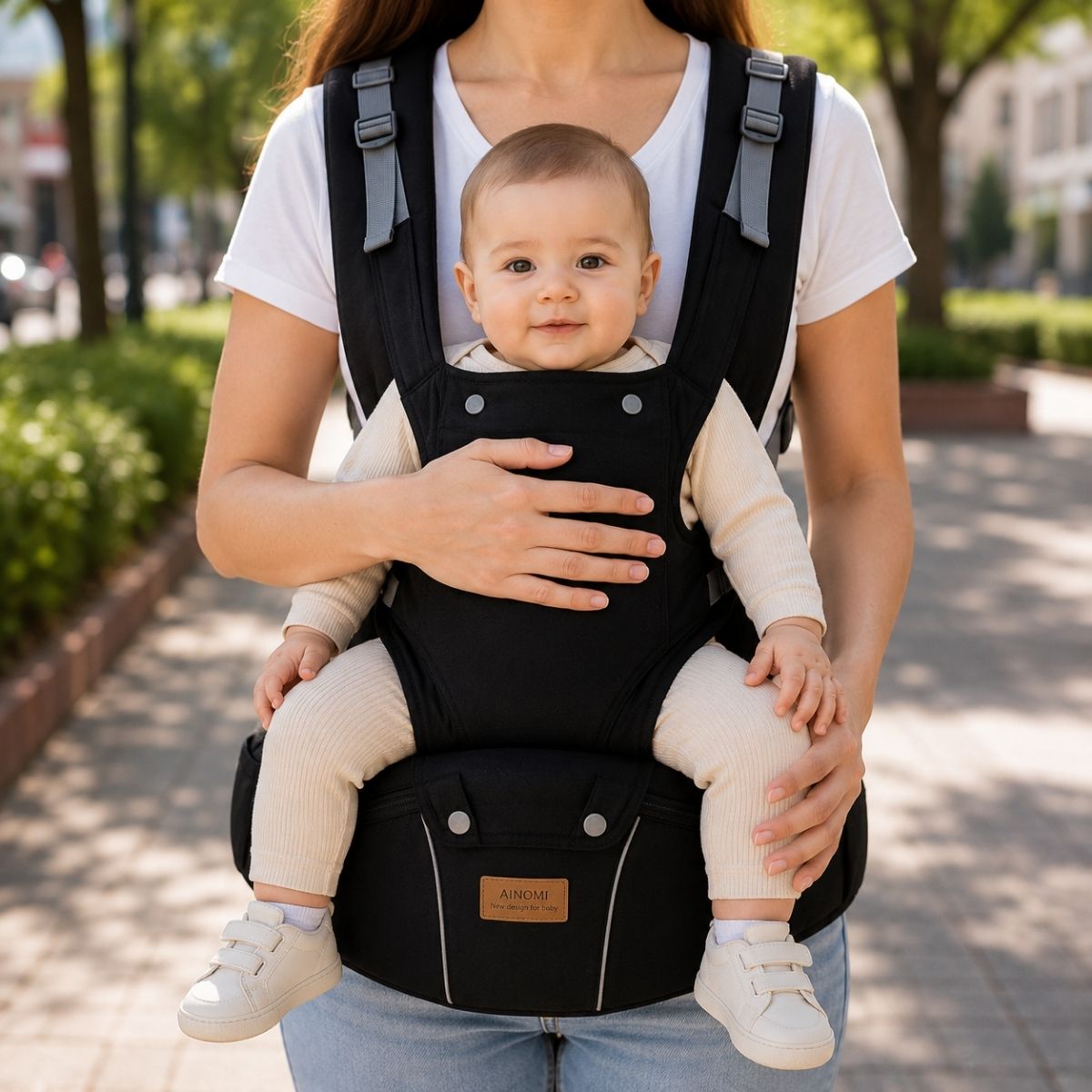 Porte-bébé 3 en 1 noir avec siège de hanche et partie à bretelles, porté face vers l’avant dans un parc