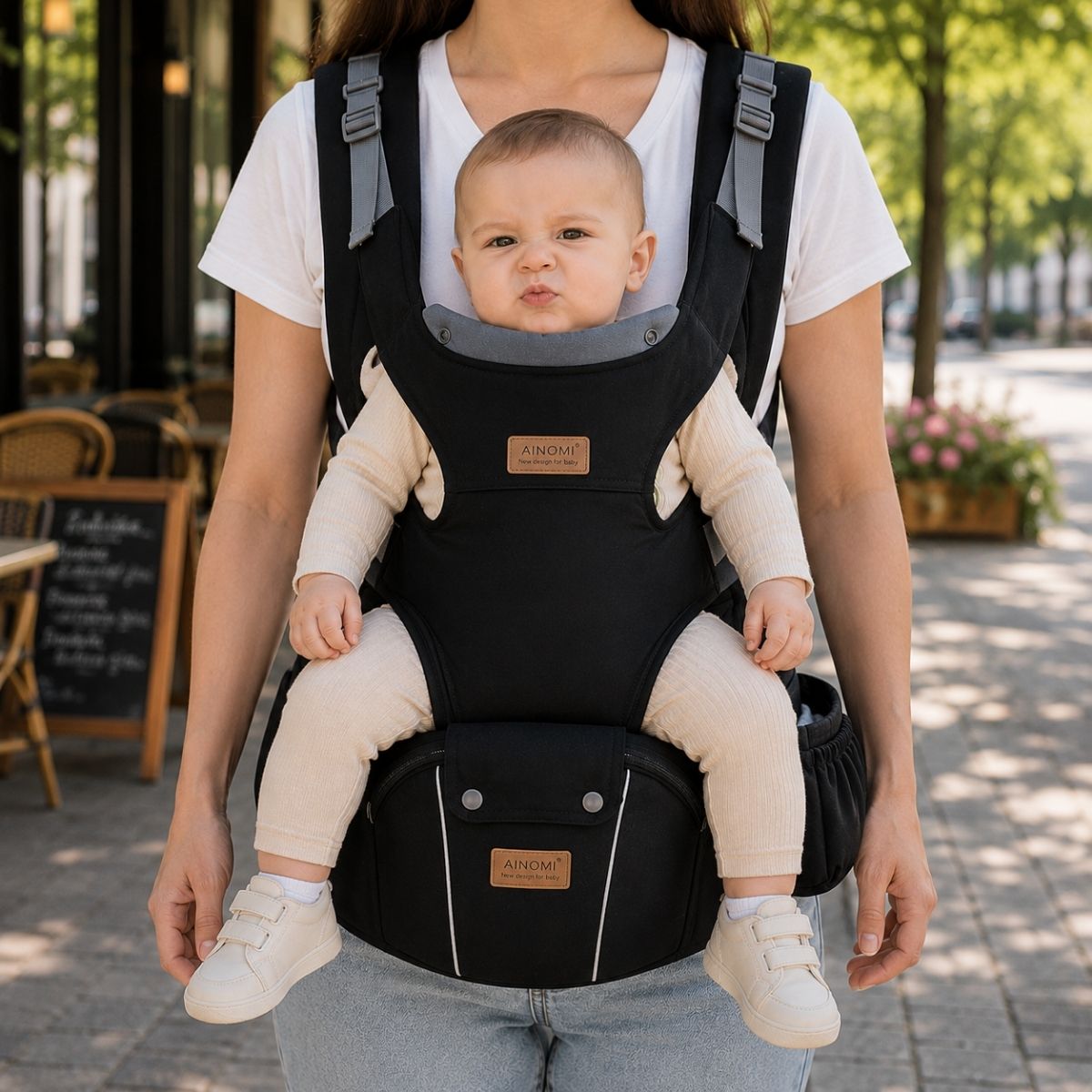 Porte-bébé 3 en 1 noir avec siège de hanche et partie à bretelles, porté face vers l’avant près d’un café