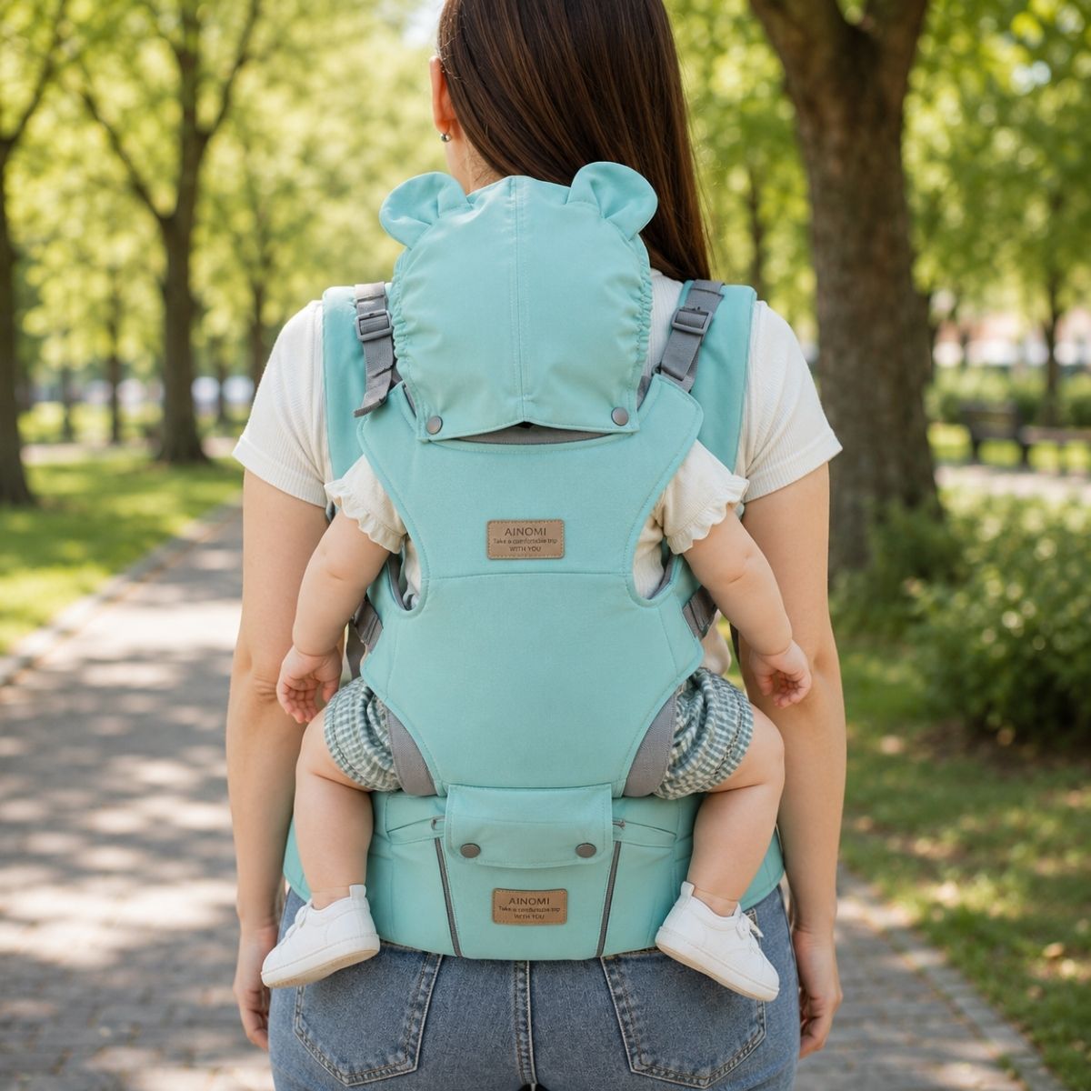 Porte-bébé 3 en 1 vert d’eau avec siège de hanche et capuche amovible, utilisé en portage dorsal dans un parc