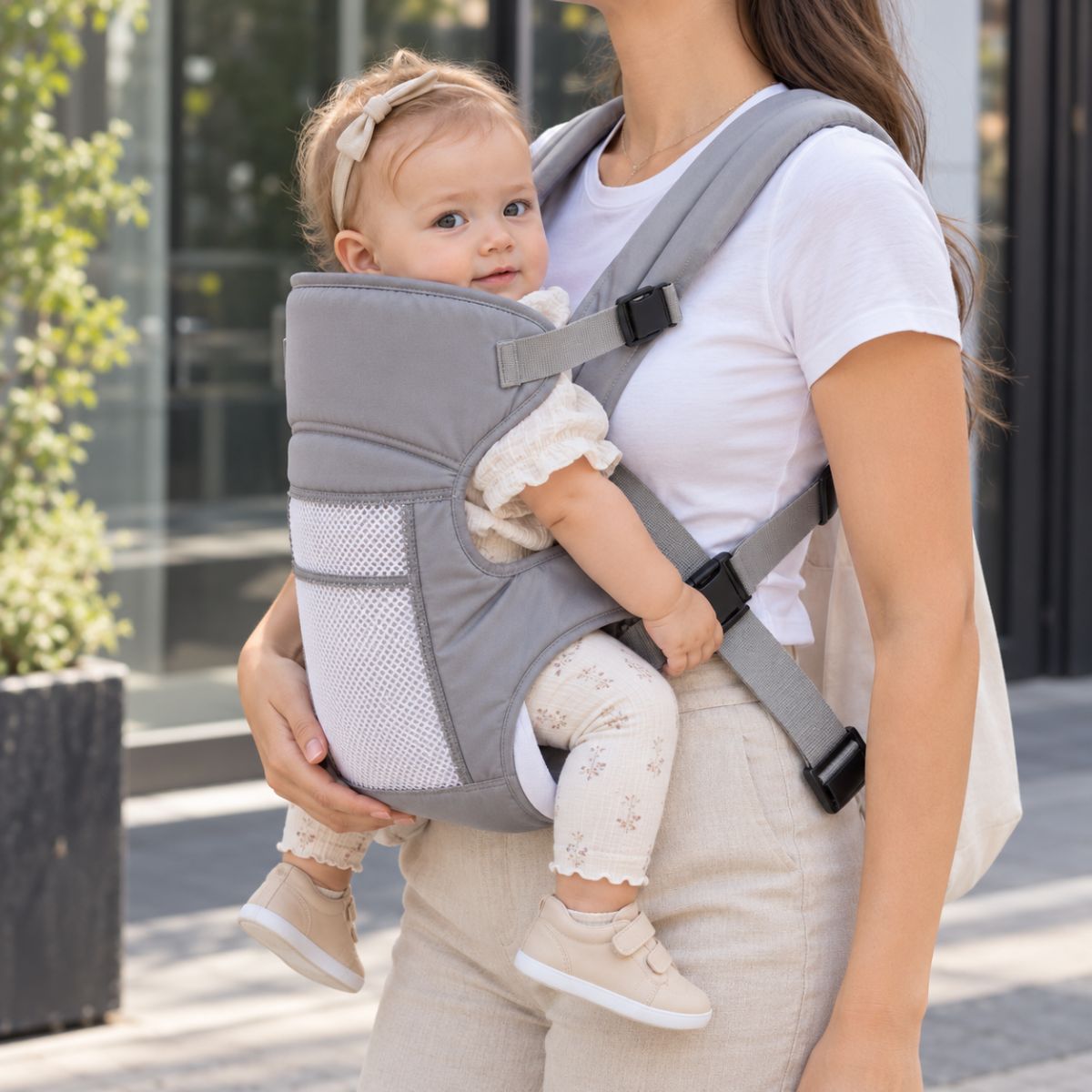 Porte-bébé 30 × 40 cm maille gris clair, vue de profil en extérieur avec bébé