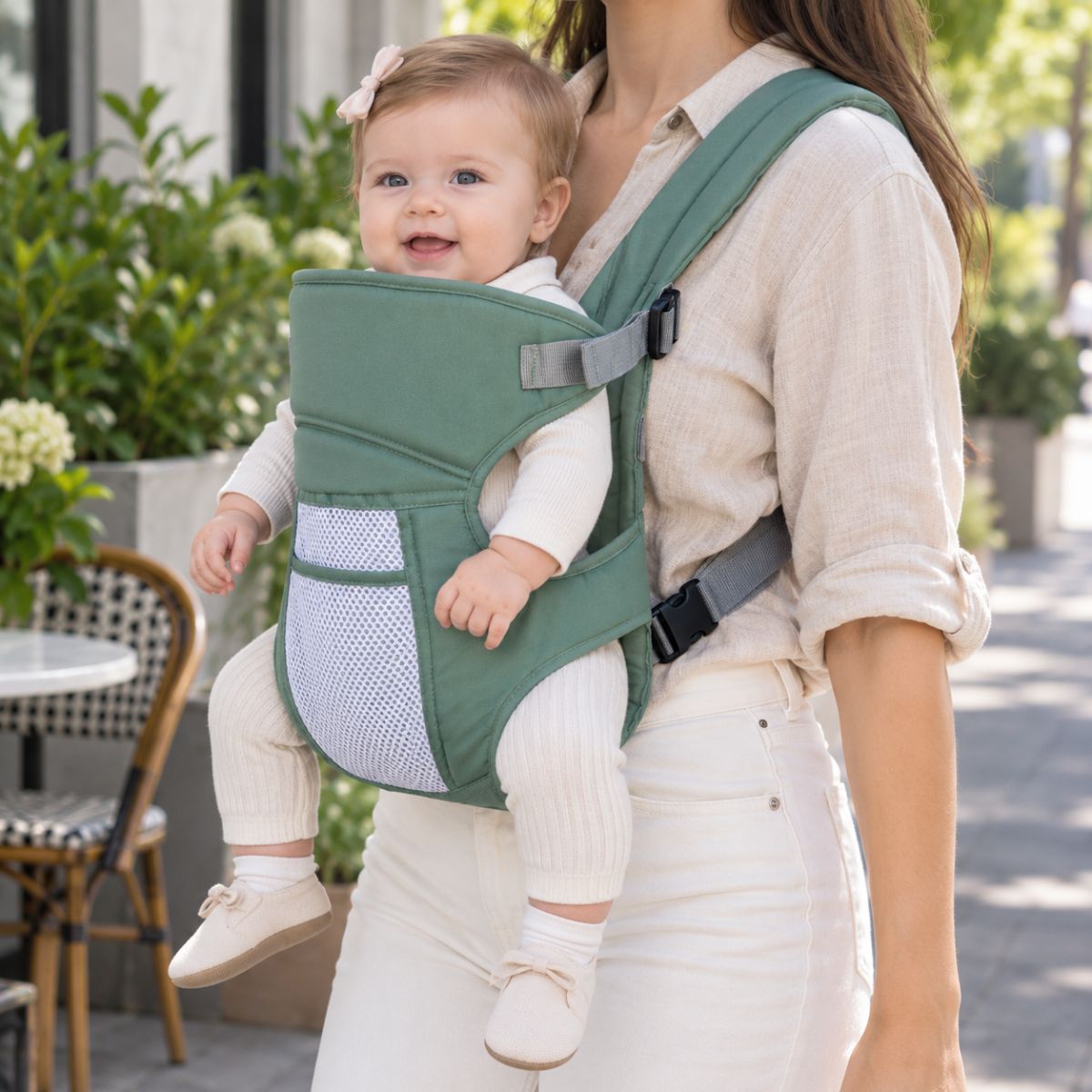 Porte-bébé 30 × 40 cm maille vert sauge, vue de face en extérieur avec bébé