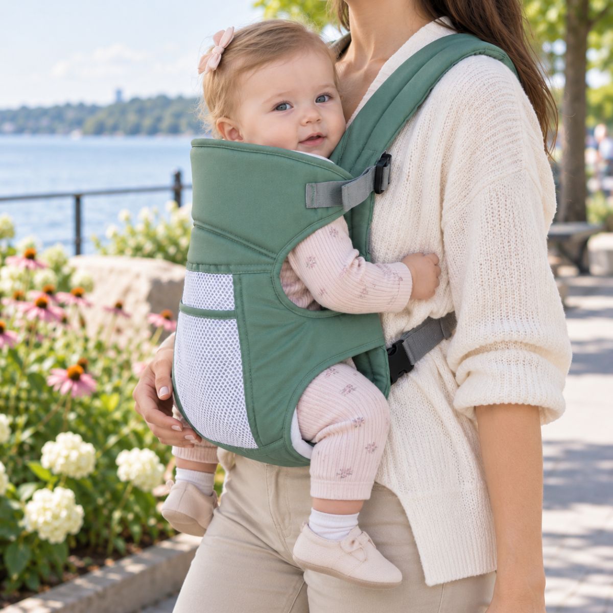 Porte-bébé 30 × 40 cm maille vert sauge, vue de profil en extérieur avec bébé