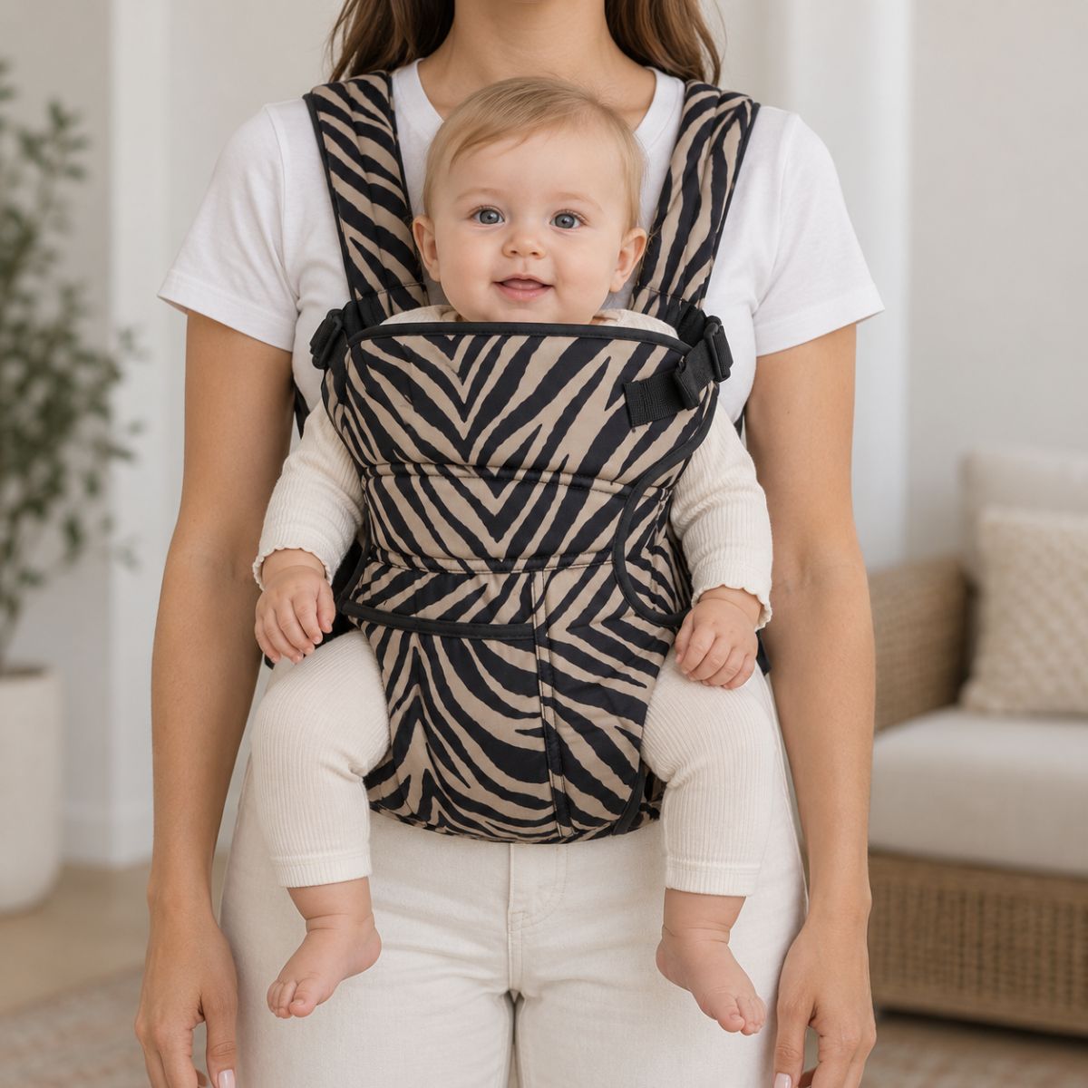 Porte-bébé 30 × 40 cm plein beige et noir zèbre, vue de face avec bébé