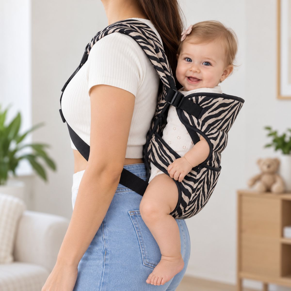Porte-bébé 30 × 40 cm plein beige et noir zèbre, vue de profil avec bébé