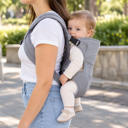 Porte-bébé 30 × 40 cm plein gris clair, vue de profil en extérieur avec bébé