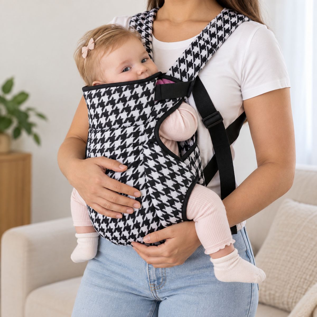 Porte-bébé 30 × 40 cm plein noir et blanc pied-de-poule, vue de face avec bébé