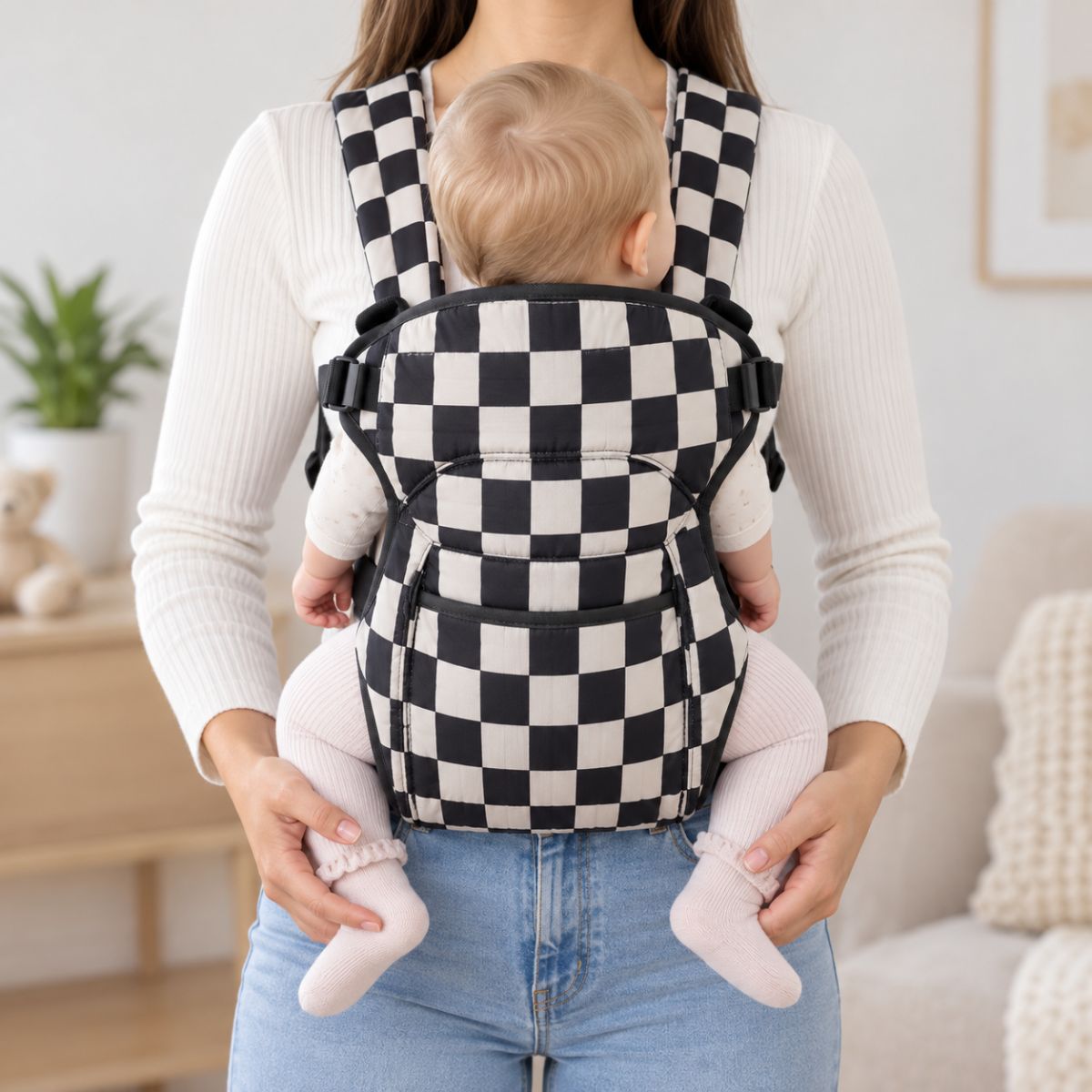 Porte-bébé 30 × 40 cm plein noir et crème damier, vue de dos avec bébé