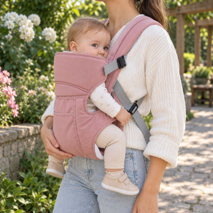 Porte-bébé 30 × 40 cm plein rose poudré porté en extérieur dans un jardin avec bébé