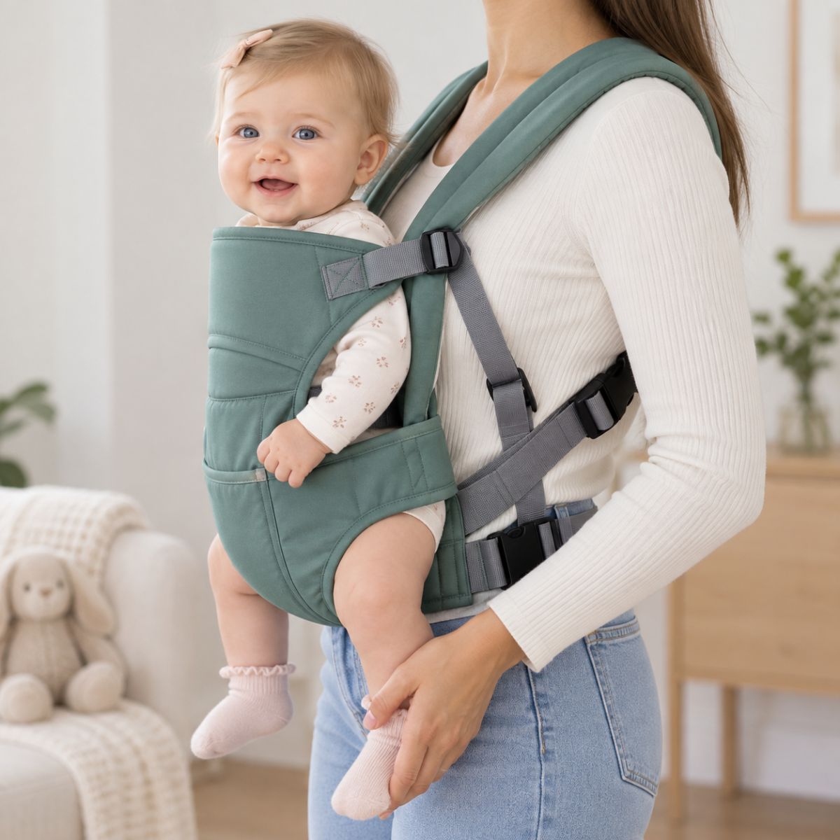 Porte-bébé 30 × 40 cm plein vert sauge porté de profil avec bébé