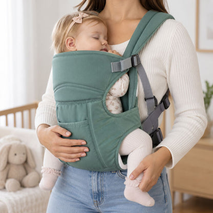 Porte-bébé 30 × 40 cm plein vert sauge porté de face avec bébé