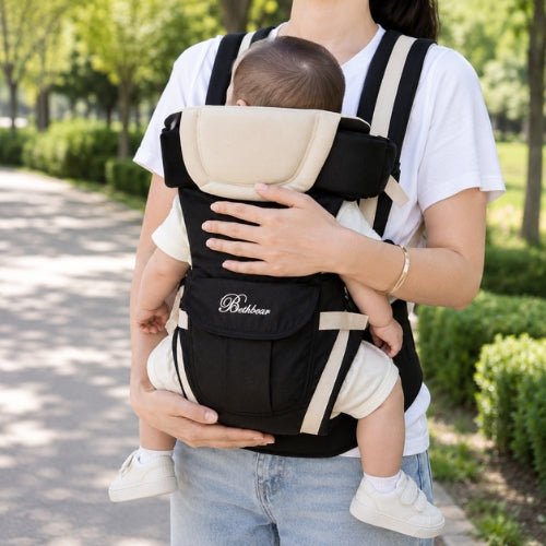 Porte bebe 4 en 1 beige avec bébé porté face au porteur