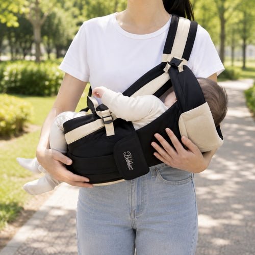 Porte bebe 4 en 1 beige utilisé en position horizontale avec bébé