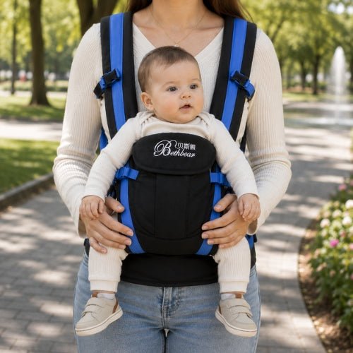 Porte bebe 4 en 1 bleu en position ventrale face vers l’avant