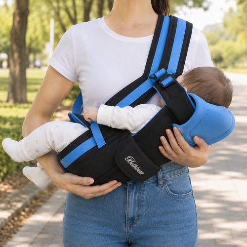 Porte bebe 4 en 1 bleu utilisé en position horizontale avec bébé