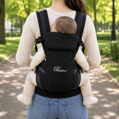 Porte bebe 4 en 1 noir utilisé en position dorsale avec bébé